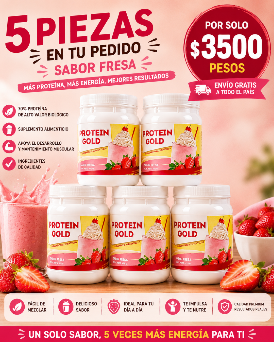 PROTEIN GOLD paquete de 5 piezas | Proteína en polvo de alto valor biológico | 5 Tarros con polvo con 425g