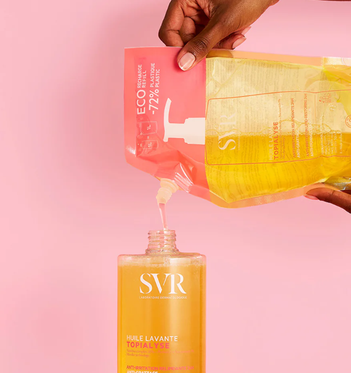 SVR® . TOPIALYSE HUILE LAVANTE RENO ECO-REFIL 1lt . Aceite micelar lavante para rostro, cuerpo e higiene íntima para pieles atópicas . Tratamiento para dermatitis atópica . 1 Pieza de con 1l