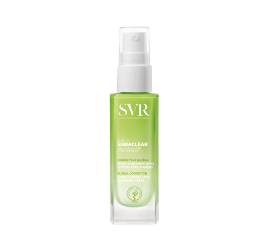 SVR® . SEBIACLEAR SERUM 30ml . Corrector global gluconolactona 14% y niacinamida 4% . Tratamiento Antiacné . 1 Caja de 1Frasco con bomba con 30ml