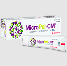 Glenmark® . MicroPal-CM . Adapaleno 0.1% / Clindamicina 0.1% gel . Tratamiento de acné . 1 Caja de 1 Tubo con 30g