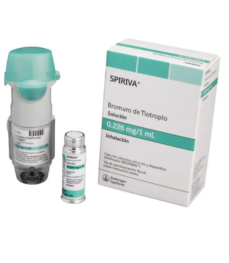 Boehringer Ingelheim . SPIRIVA Respimat . Bromuro de Tiotropio en solución 4ml . Tratamiento respiratorio . 1 Caja de 1Cartucho y dispositivo inhalador con 0.226/ 1mg/ml