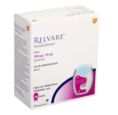 GSK® . RELVARE . Fluticasona 200µg/ Vilanterol 25µg . Tratamiento respiratorio . 1 Caja de 1Dispositivo inhalador con 30Dosis