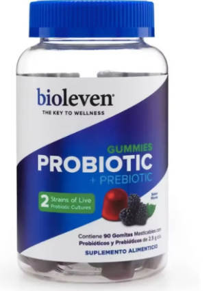 bioleven . GUMMIES PROBIOTIC + PREBIOTIC . Probiótico y prebiótico en gomitas de sabores . Suplemento alimenticio . 1 Frasco de 90Gomitas con 2.5g