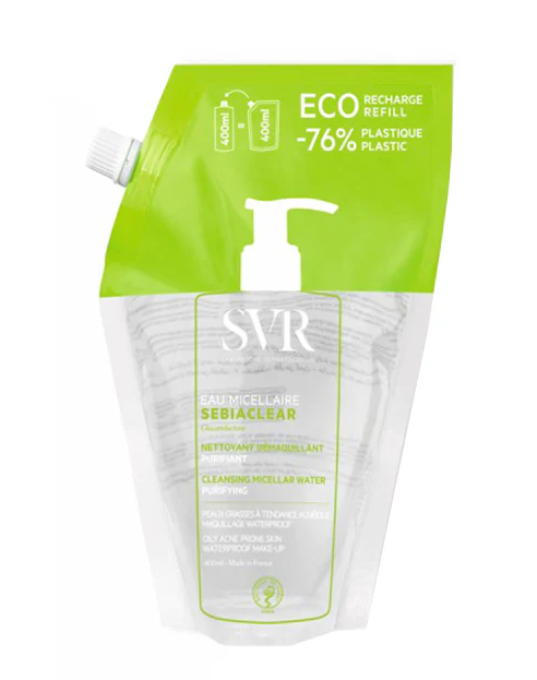 SVR® . SEBIACLEAR EAU MICELLAIRE REFILL 400ml . Agua micelar limpiadora purificante y matificante que purifica, limpia y desmaquilla, para pieles sensibles mixtas a grasas con tendencia acneica . Tratamiento dermatológico . 1 Pieza de 1Bolsa con 400ml