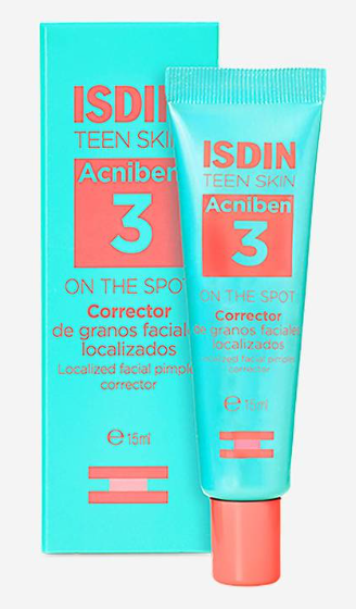 ISDIN® TEEN SKIN . Acniben 3 . ON THE SPOT Corrector de granos faciales localizados . Tratamiento antiacné . 1 Caja de 1Tubo con 15ml
