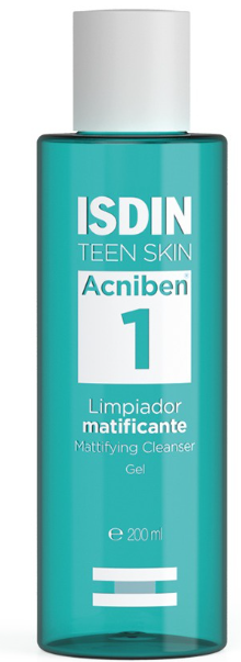 ISDIN® TEEN SKIN . Acniben 1 Limpiador Gel 200ml . Gel limpiador facial matifcante . Tratamiento antiacné . 1 Frasco de 1Pieza con 200ml