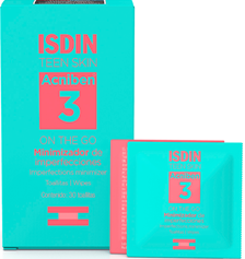 ISDIN® TEEN SKIN . Acniben 3 Toallitas 30U . Toallitas minimizador de imperfecciones en piel grasa . Tratamiento antiacné . 1 Caja de 30Sobres con 1Pieza