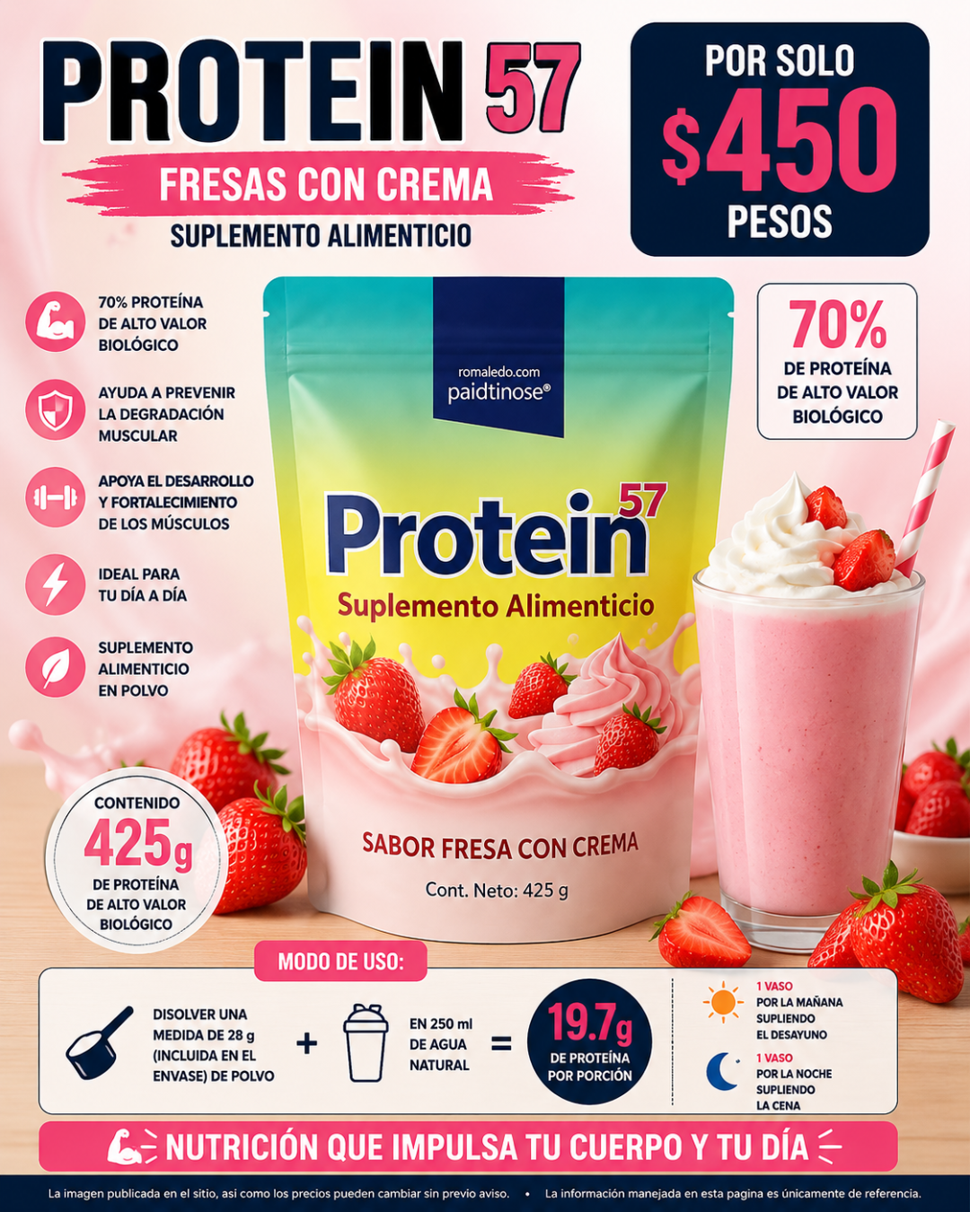 PROTEIN 57 Fresas con crema | Proteína en polvo sabor Fresas con crema | Bolsa con polvo con 425g