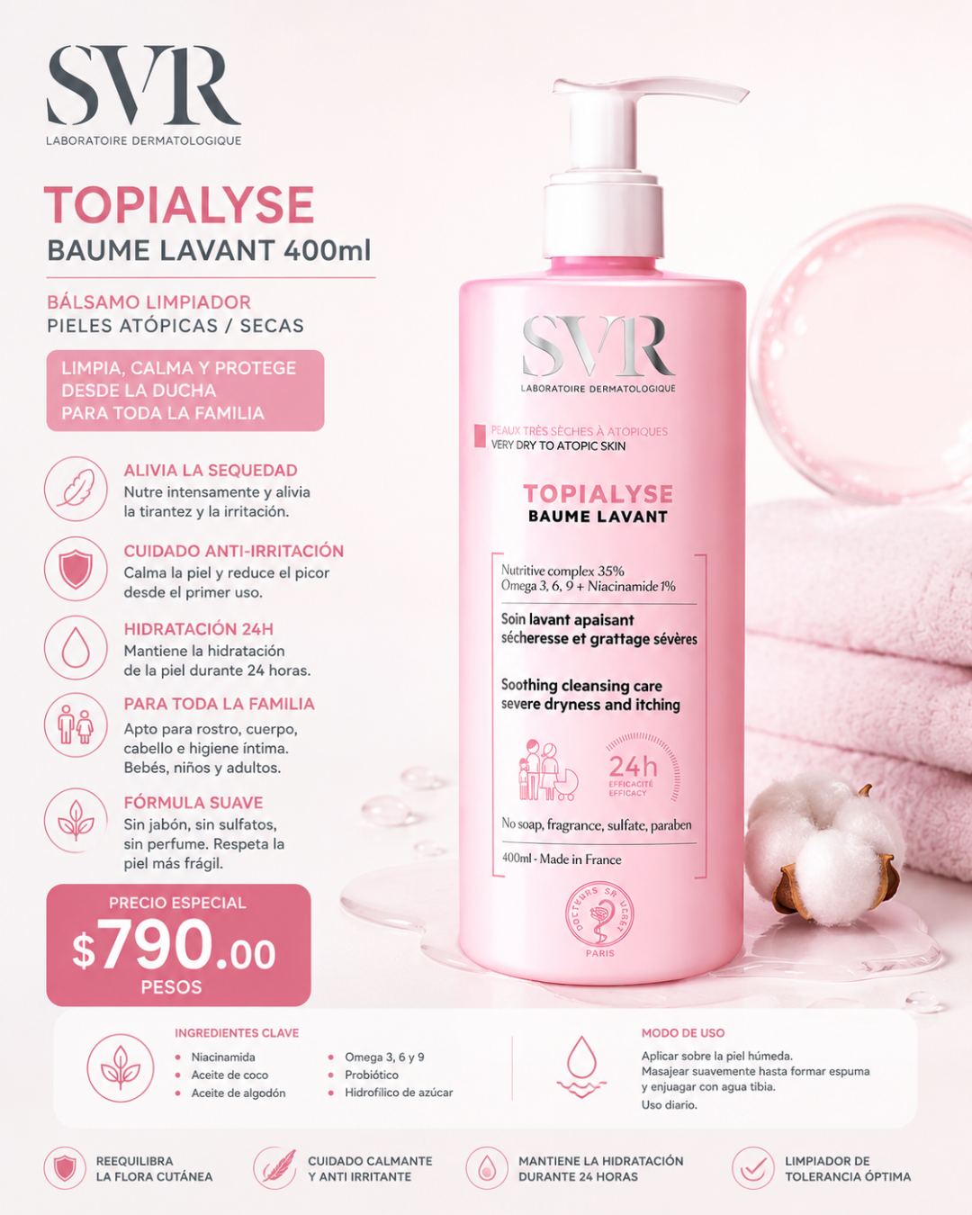 SVR | TOPIALYSE BAUME LAVANT 400ml | Balsamo limpiador para pieles atópicas/secas | Tratamiento para dermatitis atópica | 1 Pieza de 1Frasco con bomba con 400ml