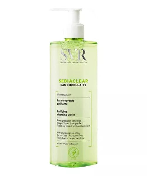 SVR® . SEBIACLEAR EAU MICELLAIRE 400ml . Agua micelar limpiadora purificante y matificante que purifica, limpia y desmaquilla, para pieles sensibles mixtas a grasas con tendencia acneica . Tratamiento dermatológico . 1 Pieza de 1Frasco con 400ml