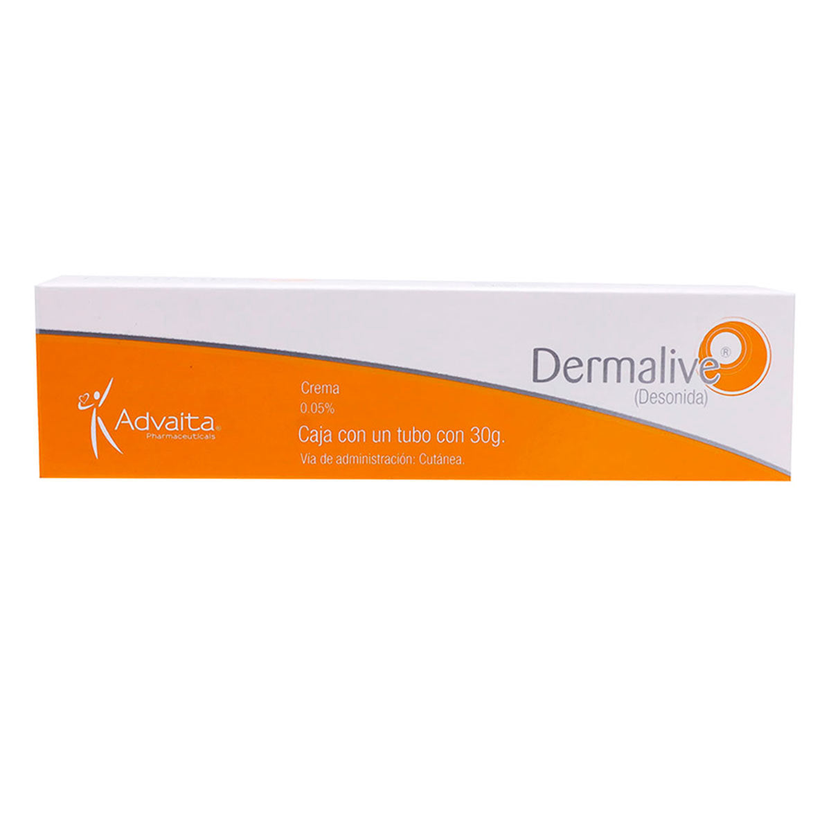 Advaita® . Dermalive crema 30g . Desonida en crema al 0.05% . Tratamiento para inflamación, dermatitis y reacciones alérgicas cutáneas. . 1 Caja de 1Tubo con 30g