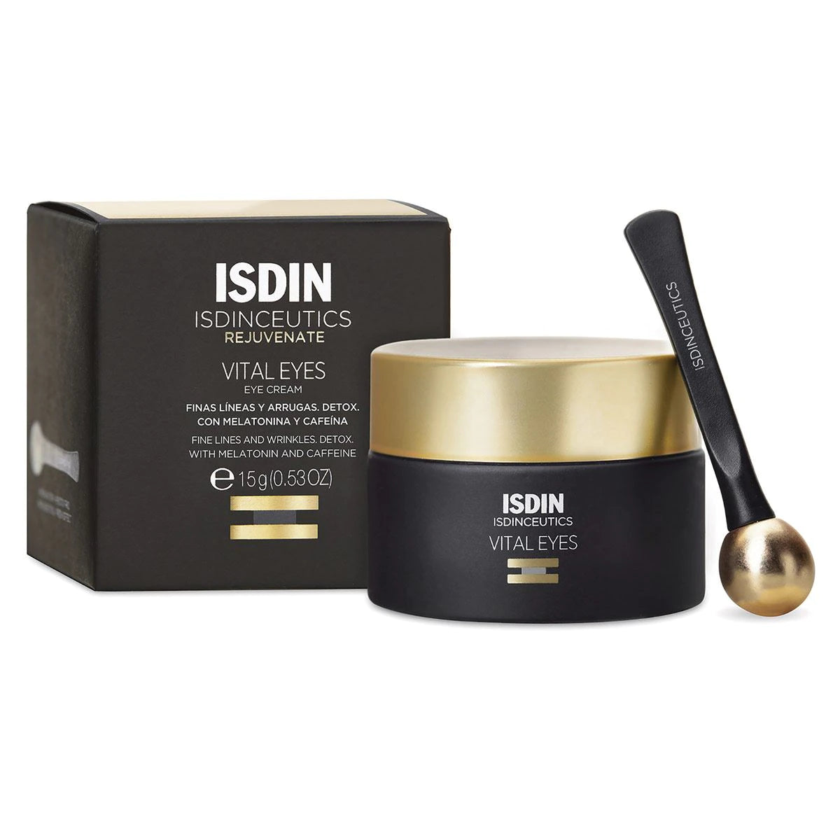 ISDIN® ISDINCEUTICS . REJUVENATE VITAL EYES 15g . Crema contorno de ojos con melatonina y cafeina . Agentes despigmentante . 1 Caja de 1Tarro con 15g