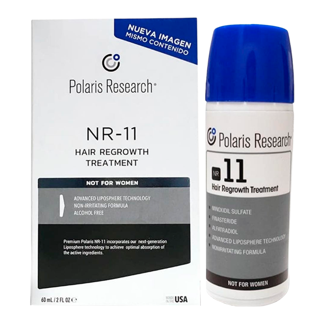 POLARIS RESEARCH® | NR-11® | Tratamiento integral para alopecia (caída de pelo) androgénica | Frasco con loción y atomizador | Frasco con 60ml