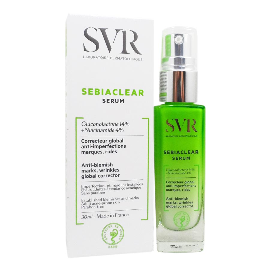 SVR® . SEBIACLEAR SERUM 30ml . Corrector global gluconolactona 14% y niacinamida 4% . Tratamiento Antiacné . 1 Caja de 1Frasco con bomba con 30ml