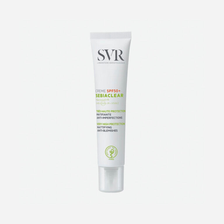 SVR . SEBIACLEAR CREME SPF50 de 40ml . Protector solar con Niacinamida para el control de imperfecciones en crema . Tratamiento antiacné . 1Caja con 1Frasco de 40ml