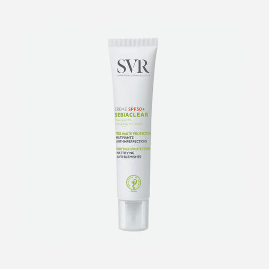 SVR . SEBIACLEAR CREME SPF50 de 40ml . Protector solar con Niacinamida para el control de imperfecciones en crema . Tratamiento antiacné . 1Caja con 1Frasco de 40ml