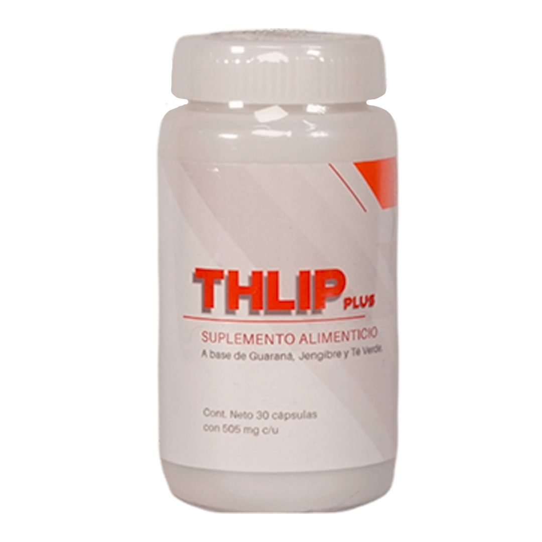 THLIP Plus® Suplemento nutricional a base de guaraná, gengibre y te verde. Cápsulas de 500mg. Frasco con 30 cápsulas.