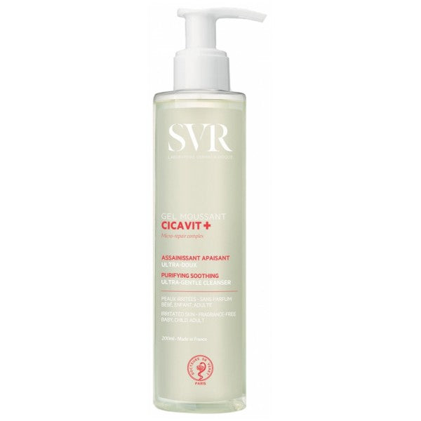 SVR® . CICAVIT GEL MOUSSANT 200ml . Limpiador purificante, calmante y ultrasuave . Tratamiento para dermatitis atópica . 1 Frasco con bomba de 1Pza con 200ml