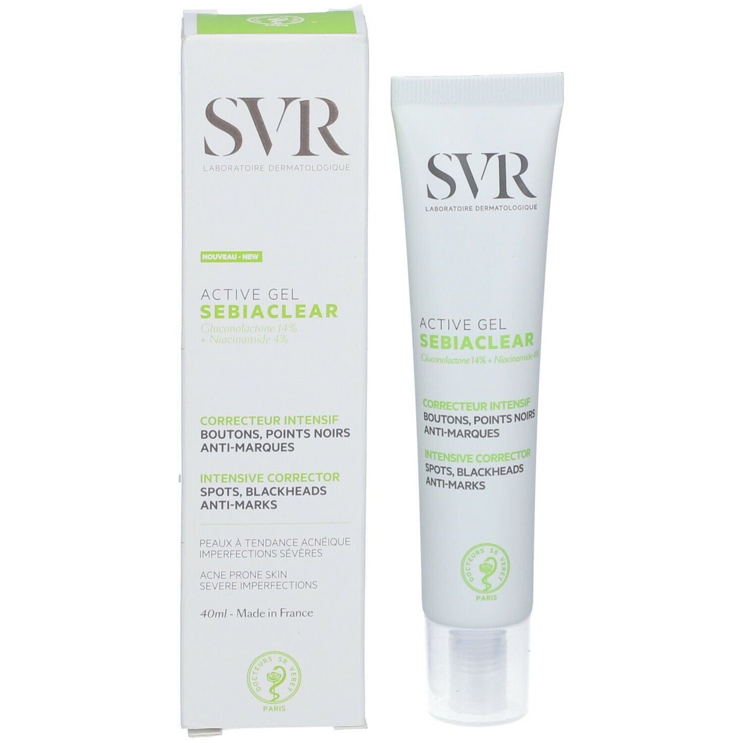 SVR® . SEBIACLEAR ACTIVE GEL 40ml . Gel corrector con gluconolactona 14% y Niacinamida 4% . Tratamiento Antiacné . 1 Pieza de 1Tubo con 40ml