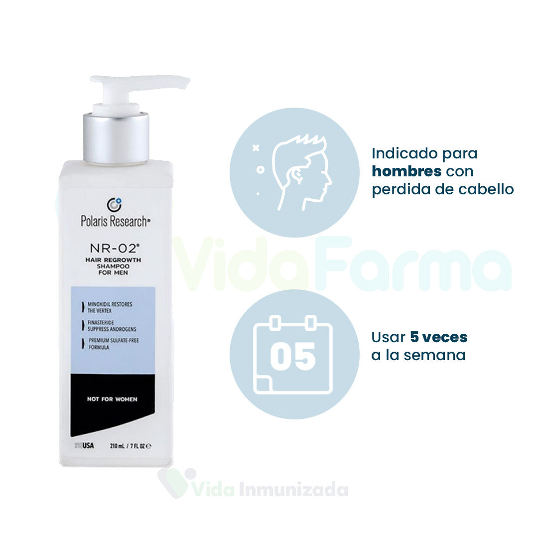 POLARIS RESEARCH® | NR-02® | Shampoo integral para alopecia (caida de pelo) androgenética | Frasco con shampoo | Frasco de 200ml