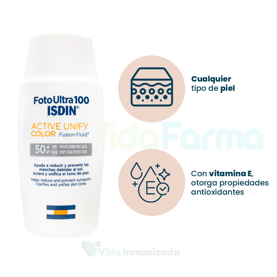 ISDIN | Foto Ultra 100 Active Unify COLOR Fusion Fluid® | Protector solar SPF 50+ | Frasco con 50ml