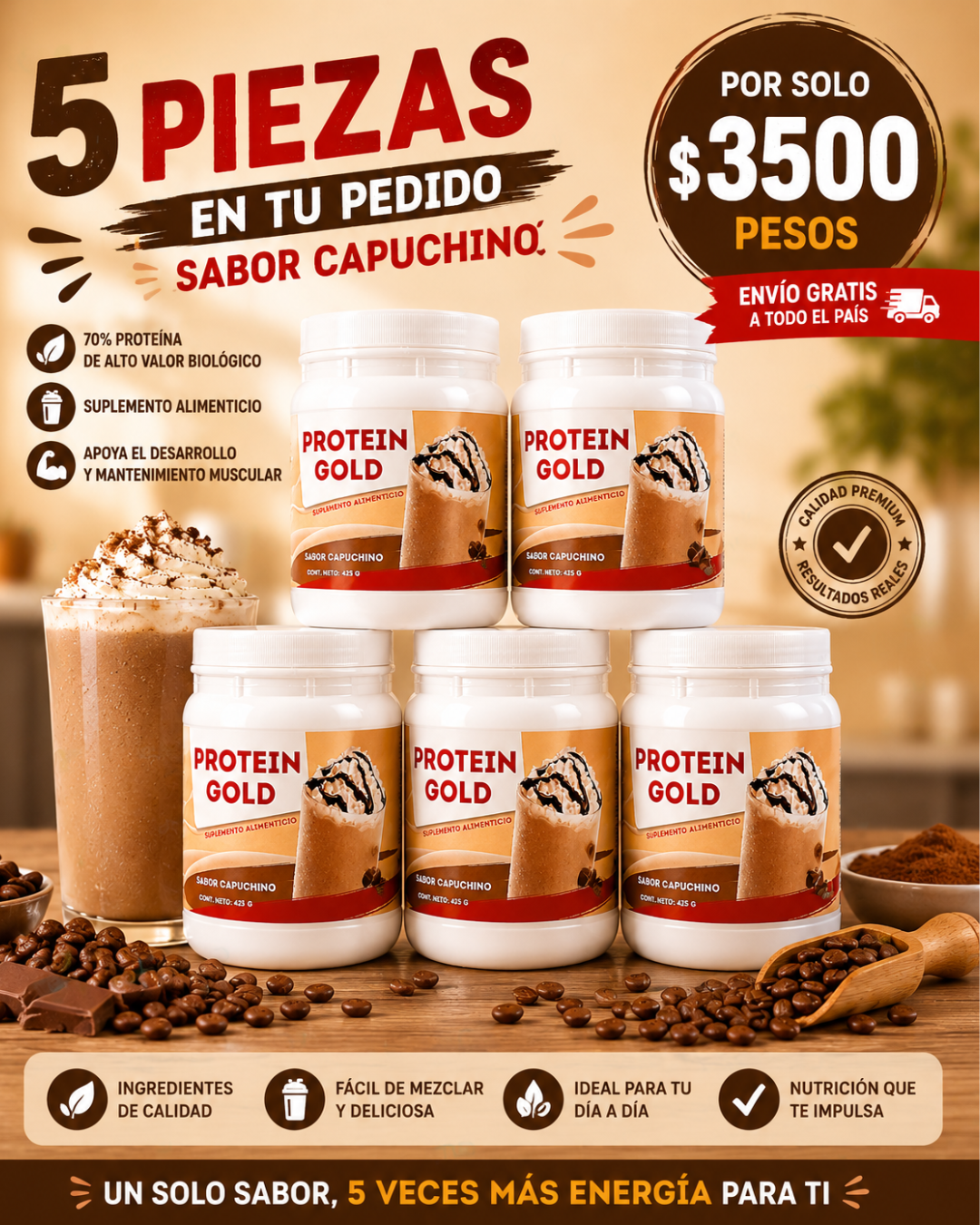 PROTEIN GOLD  paquete de 5 piezas | Proteína en polvo de alto valor biológico  | 5 Tarros con polvo con 425g