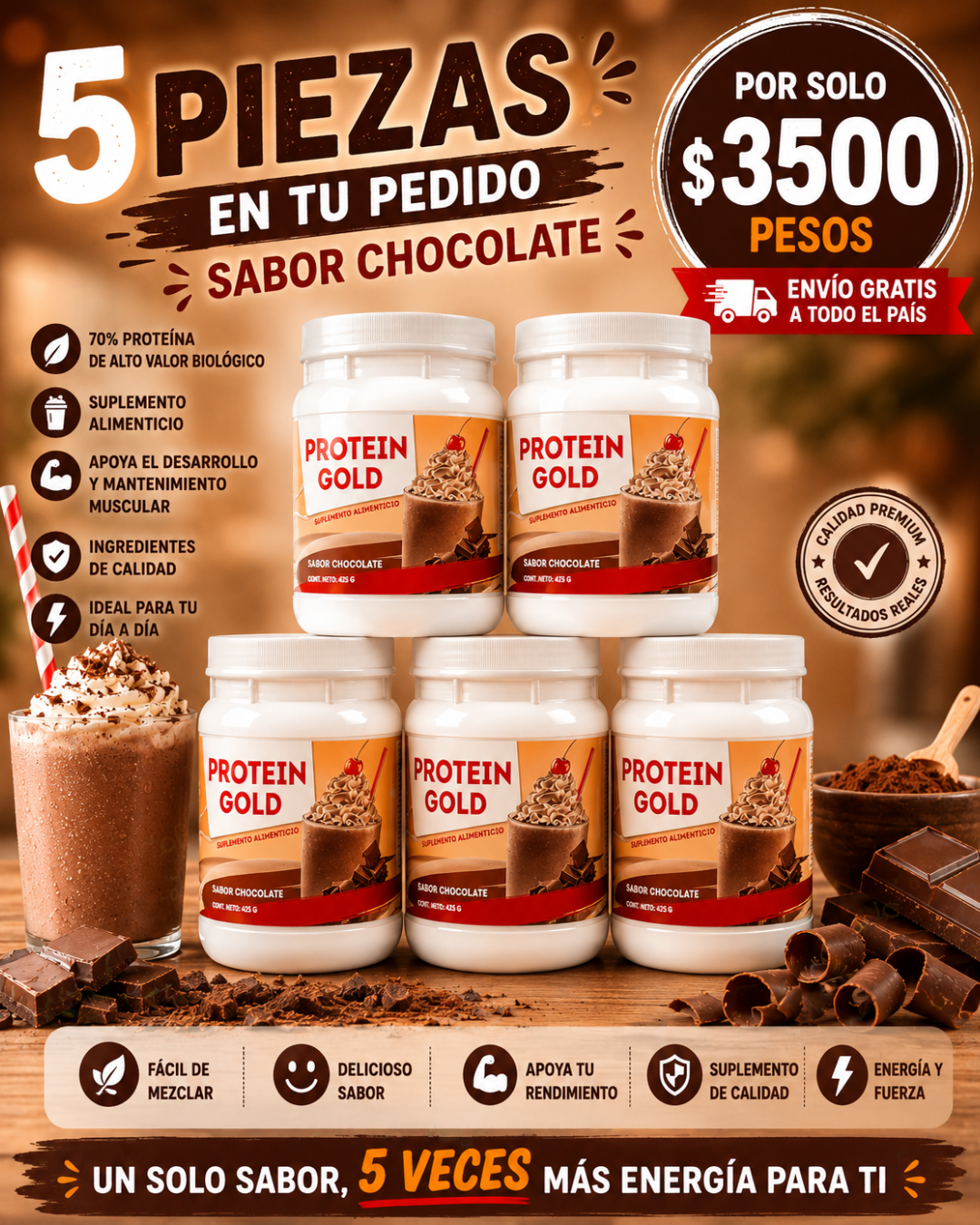 PROTEIN GOLD  paquete de 5 piezas | Proteína en polvo de alto valor biológico  | 5 Tarros con polvo con 425g