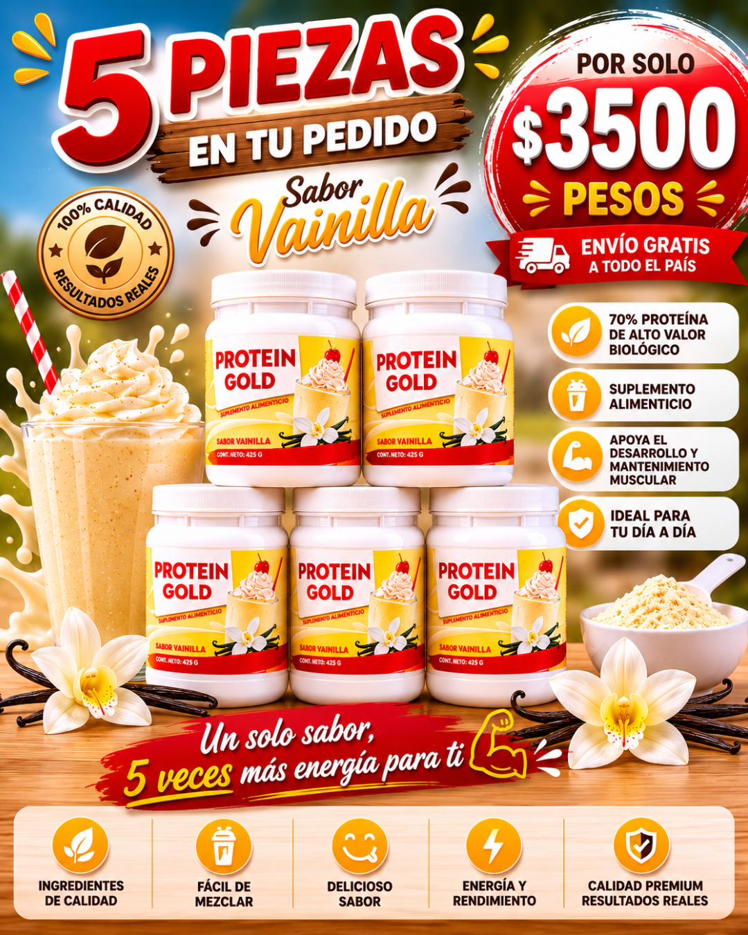 PROTEIN GOLD  paquete de 5 piezas | Proteína en polvo de alto valor biológico  | 5 Tarros con polvo con 425g