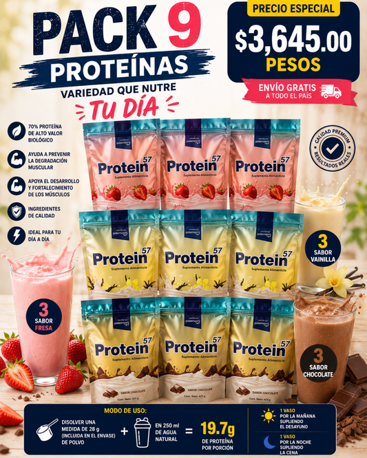 PROTEIN 57 paquete de 9 piezas | Proteína en polvo de alto valor biológico  | 9 Sobres con polvo con 425g