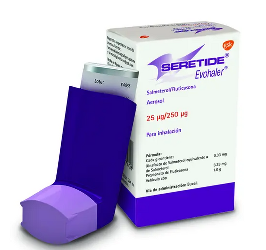 GSK® . Seretide Evohaler . Salmeterol 25µg/ Fluticasona 250µg . Tratamiento respiratorio . 1 Caja de 1Aerosol con 120dosis