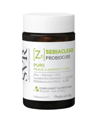 SVR® . PROBIOCURE SEBIACLEAR 30 CAPS . Suplemento alimenticio para pieles grasas con imperfecciones: granos, puntos negros, poros dilatados, brillos. . Tratamiento dermatológico . 1 Pieza de 1Caja con 30caps