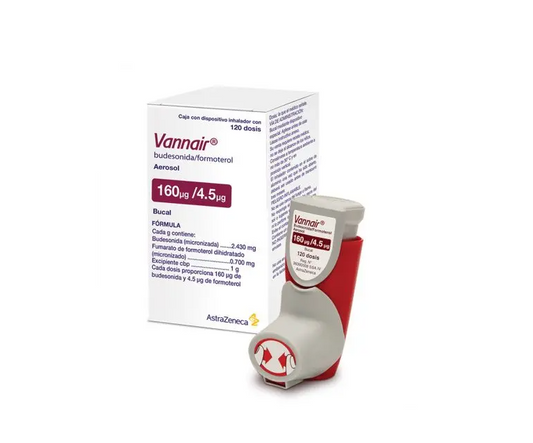 Astra Zeneca® . Vannair . Budesonida 160µg/ Formoterol 4.5µg . 1 Caja de 1 Dispositivo inhalador con 120 Dosis