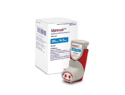 Astra Zeneca® . Vannair . Budesonida 80µg/ Formoterol 4.5µg. 1 Caja de 1 Dispositivo inhalador con 120 Dosis