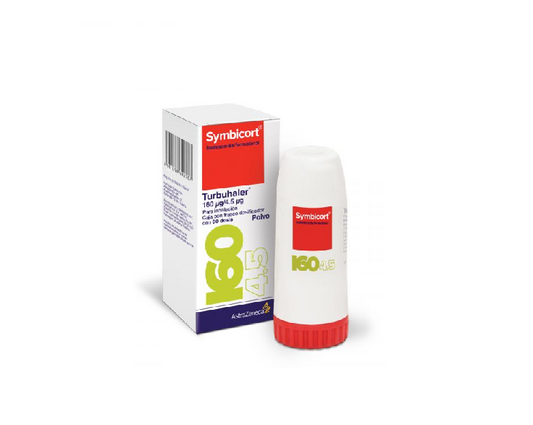 Astra Zeneca® . Symbicort Turbuhaler . Budesonida 160µg/ Formoterol 4.5µg .1 Caja de 1 Dispositivo inhalador con 60dosis