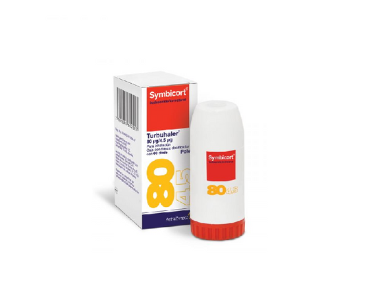 Astra Zeneca® . Symbicort Turbuhaler . Budesonida 80µg/ Formoterol 4.5µg . 1 Caja de 1Dispositivo inhalador con 60dosis