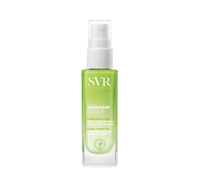 SVR . SEBIACLEAR® Serum . Frasco con aplicador de suero con retinoide y ácido hialurónico . Frasco con 30ml