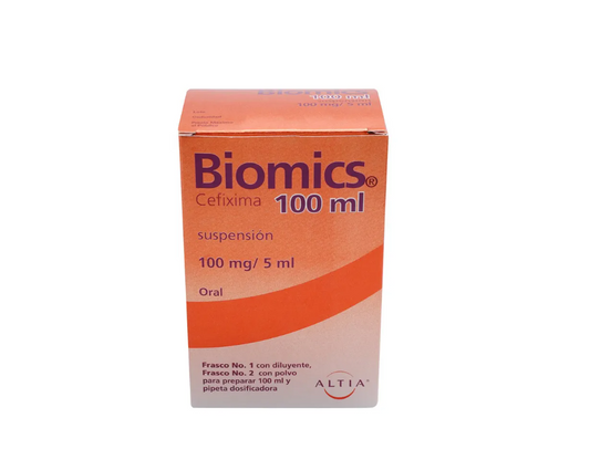 ALTIA . Biomics . Cefixima en suspensión 100mg/ 5ml . 1 Caja de 1 Frasco con 100ml