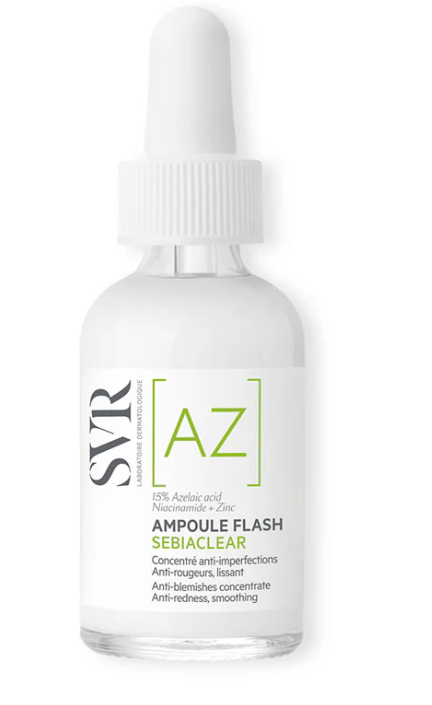 SVR . SEBIACLEAR AMPOULE FLASH [AZ] de 30ml . Suero con Ácido Azeláico, Niazinamida y Zinc . Tratamiento antiacné . 1Caja con 1Frasco con 30ml