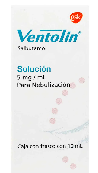 GSK® . Ventolin para nebulizar . Salbutamol 5mg/ ml . Tratamiento respiratorio . 1 Caja de 1Frasco con 10ml