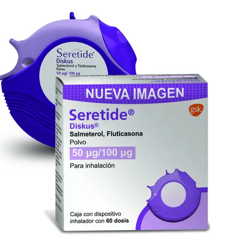 GSK® . Seretide Diskus . Salmeterol 50µg/ Fluticasona 100µg . Tratamiento respiratorio . 1 Caja de 1Disco con 60dosis