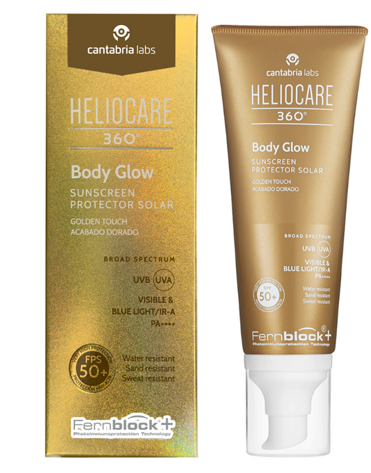 cantabria labs® . HELIOCARE 360° Body Glow de 100ml . Protector solar con brillo FPS50+ UVB/ UVA . Protección solar . 1Tubo de 1Pieza con 100ml