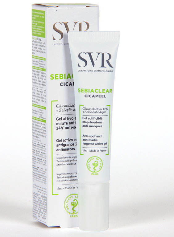 SVR® . SEBIACLEAR CICAPEEL 15ml . Gel activo especifico anti-granos y anti-marcas 24hrs . Tratamiento dermatológico . 1 Pieza de 1Tubo con 15ml