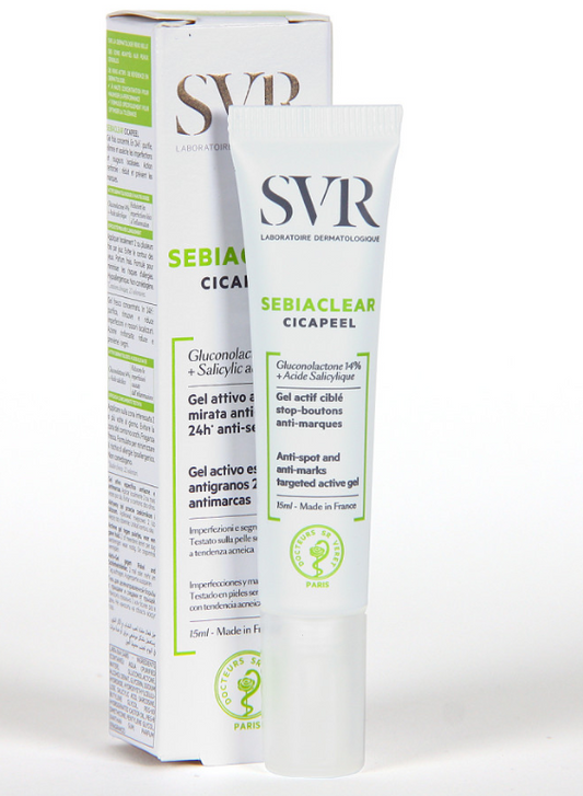 SVR® . SEBIACLEAR CICAPEEL 15ml . Gel activo especifico anti-granos y anti-marcas 24hrs . Tratamiento dermatológico . 1 Pieza de 1Tubo con 15ml