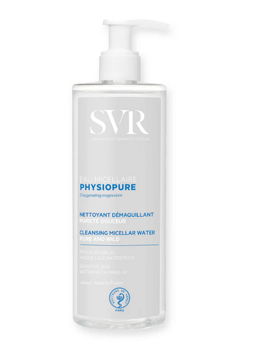 SVR® . PHYSIOPURE EAU MICELLAIRE 400ml . PHYSIOPURE AGUA MICELAR 400 ML Agua micelar desmaquillante para todos los maquillajes, incluso resistentes al agua. . Tratamiento dermatológico . 1 Pieza de 1Frasco con 400ml
