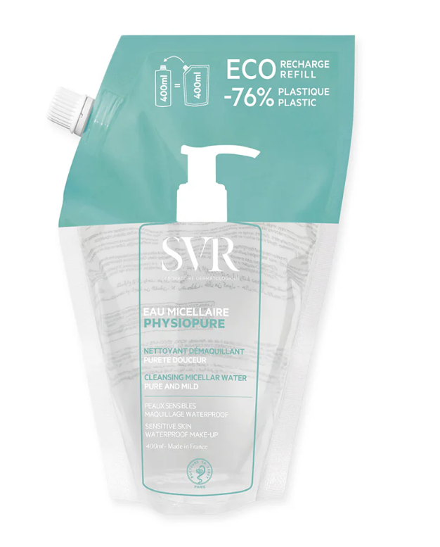 SVR® . PHYSIOPURE EAU MICELLAIRE REFILL 400ml . Agua micelar desmaquillante con magnesio oxigenante. . Tratamiento dermatológico . 1 Pieza de 1Bolsa con 400ml