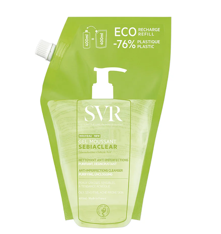 SVR® . SEBIACLEAR GEL MOUSSANT Refill 400ml . Limpiador con gluconolactona y ácido salicílico . Tratamiento Antiacné . 1 Pieza de 1Bolsa con 400ml