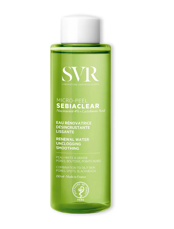 SVR® . SEBIACLEAR MICRO-PEEL 50ml . Agua dermatológica activa para pieles con tedencia acnéica que desobstruye y renueva la piel en 7 días. Actúa sobre las manchas, poros y puntos negros. . Tratamiento dermatológico . 1 Caja de 1Tubo con 50ml