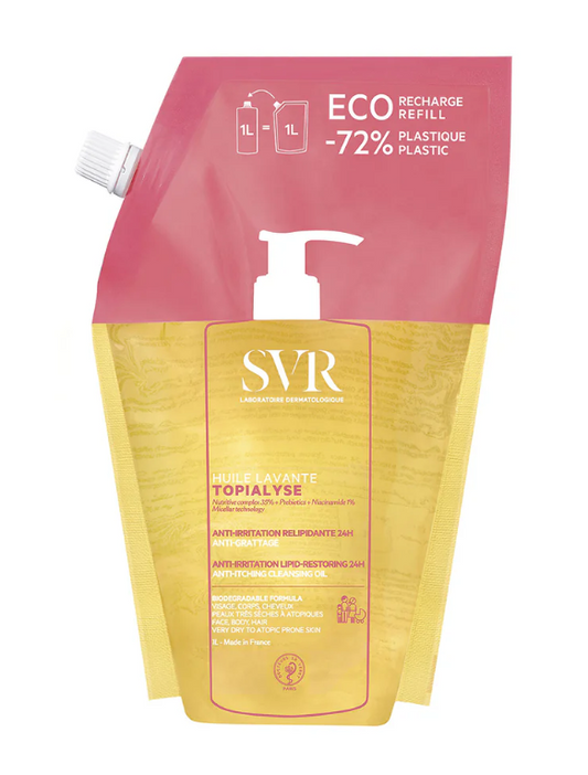 SVR® . TOPIALYSE HUILE LAVANTE RENO ECO-REFIL 1lt . Aceite micelar lavante para rostro, cuerpo e higiene íntima para pieles atópicas . Tratamiento para dermatitis atópica . 1 Pieza de  con 1l