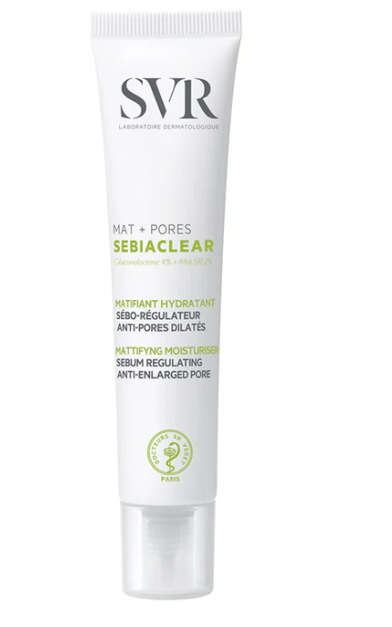SVR® . SEBIACLEAR MATE + PORES 40ml . Tratamiento matificante que reduce el tamaño de los poros y regula el exceso de sebo . Tratamiento dermatológico . 1 Caja de 1Frasco con 40ml