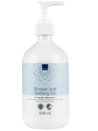 ABENA® . Blue - Shower and Bathing Oil 500ml . Aceite de ducha y baño . Tratamiento para dermatitis atópica . 1 Frasco con bomba de 1Pza con 500ml
